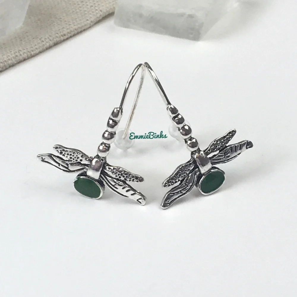 ✨3/$38  New Antique Silver & Green Dragonfly Drop Dangle Earrings - Free People - Picture 3 of 10